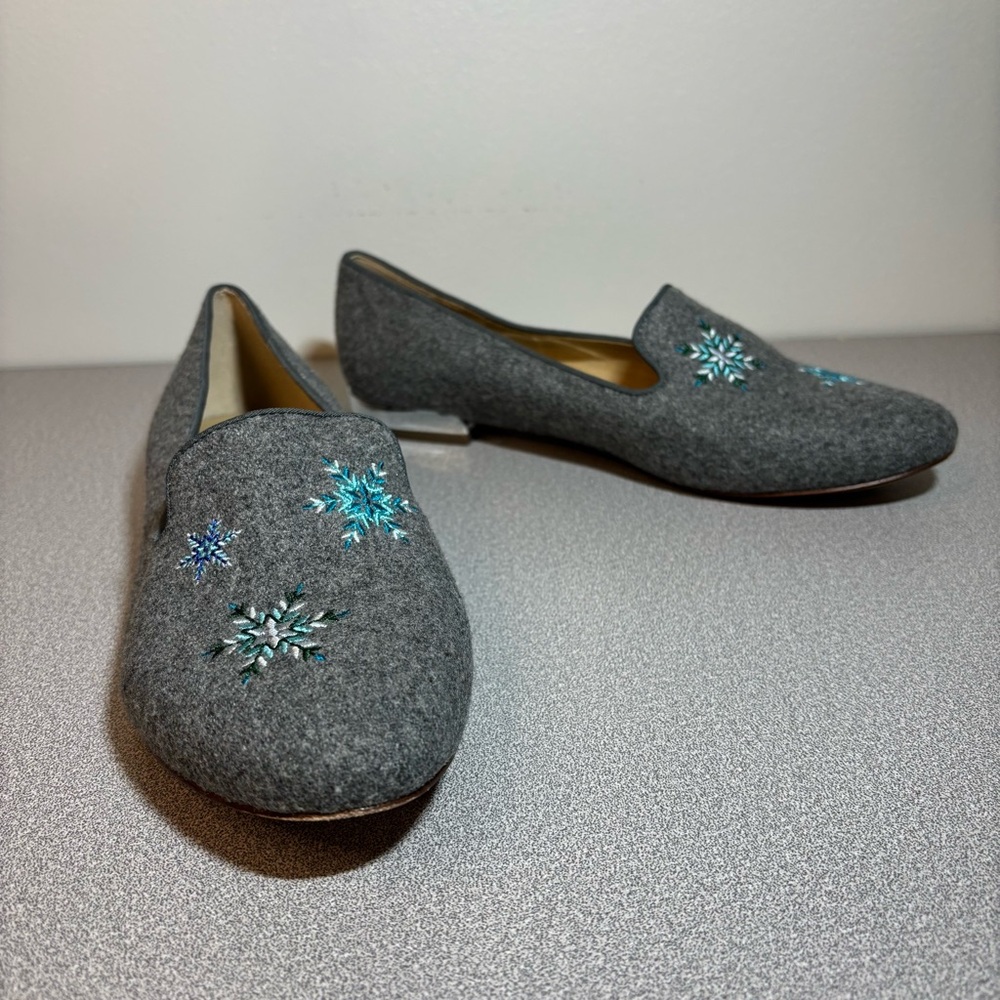 TALBOTS Grey Flannel Snowflake Embroidered Shoes Mules - Size 8.5M - Winter
